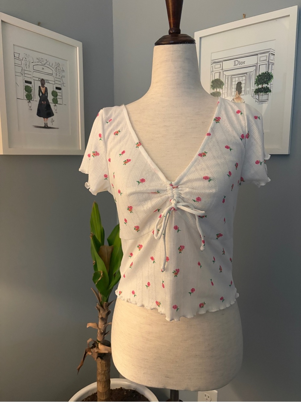 For Love & Lemons White Crop Top with Pink Rose Print